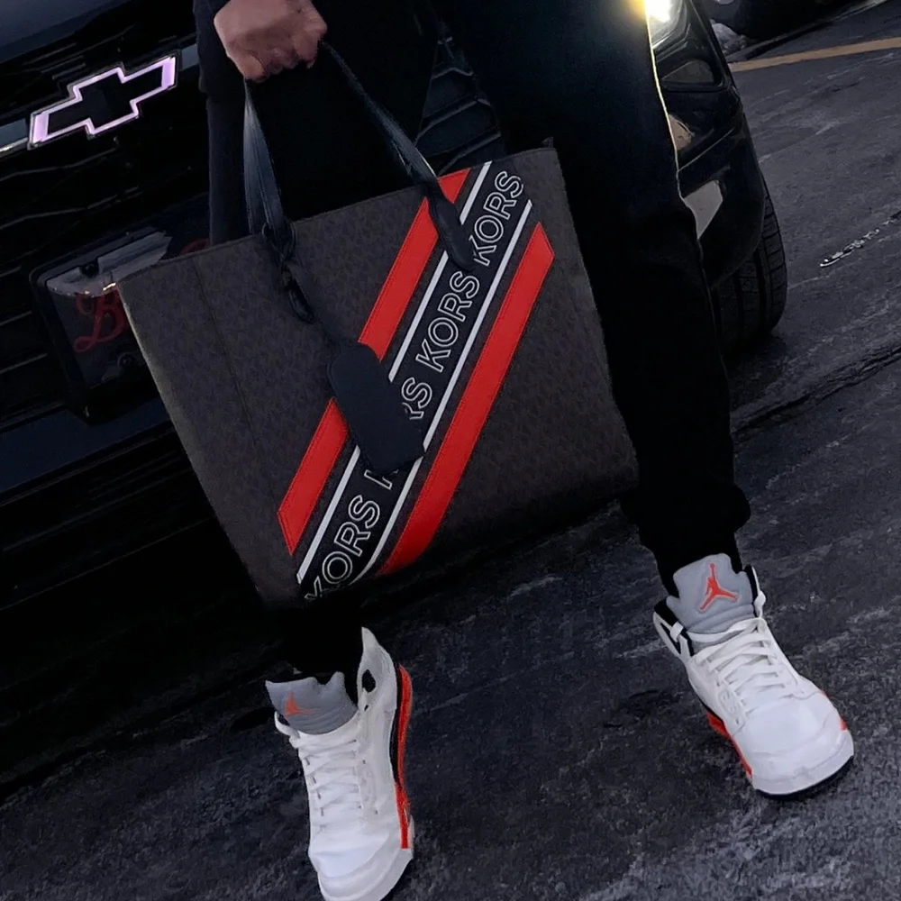 Michael Michael Kors Brown/Black/Orange Large Sinclair Logo Tape Tote - Picture 3 of 12